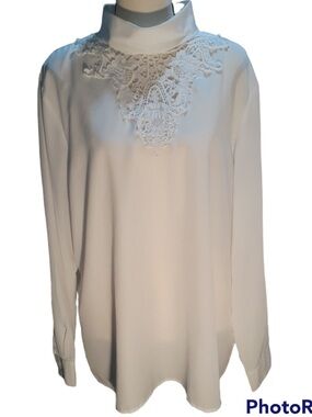 BFA Classics Sz 16 Lace Embroidered Neck, White Long Sleeve Dressy Blouse